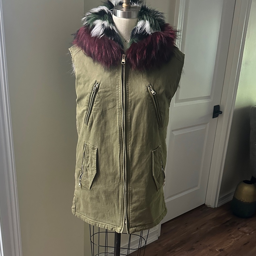 Pinko Olive Green Faux Fur Trimmed Women's Jacket